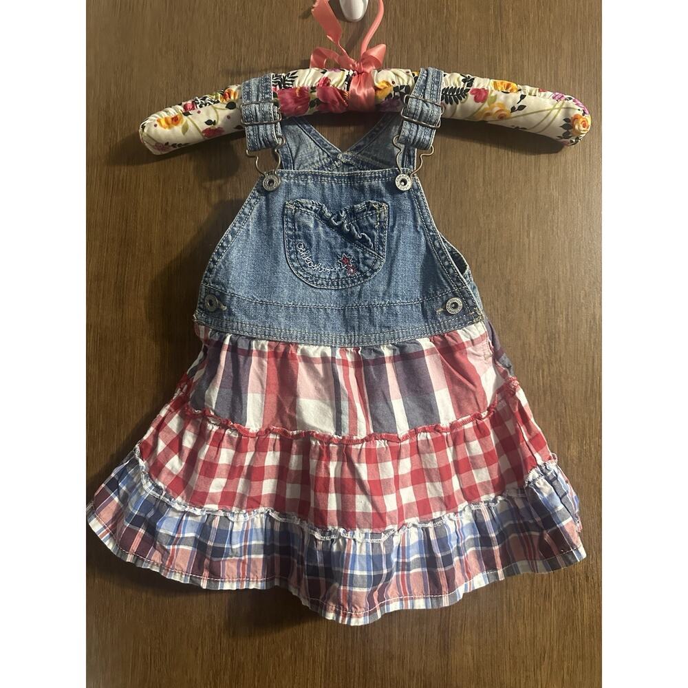 OshKosh B'Gosh Vestbak Bib Overall Jumper Dress Tiered 24 MO Red White Blue July
